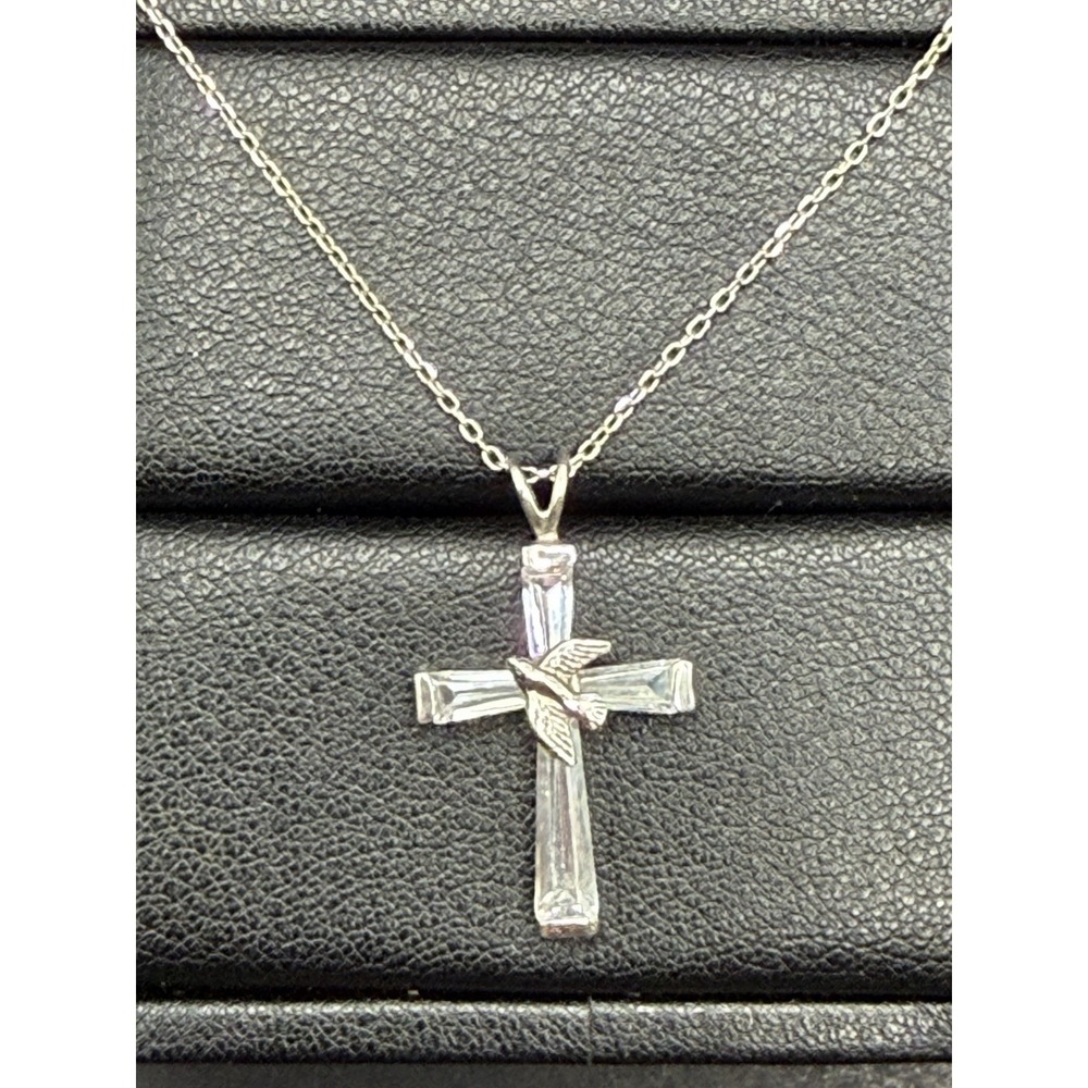 Vintage 16" Sterling Silver CZ Cross Pendant Necklace 925 J19